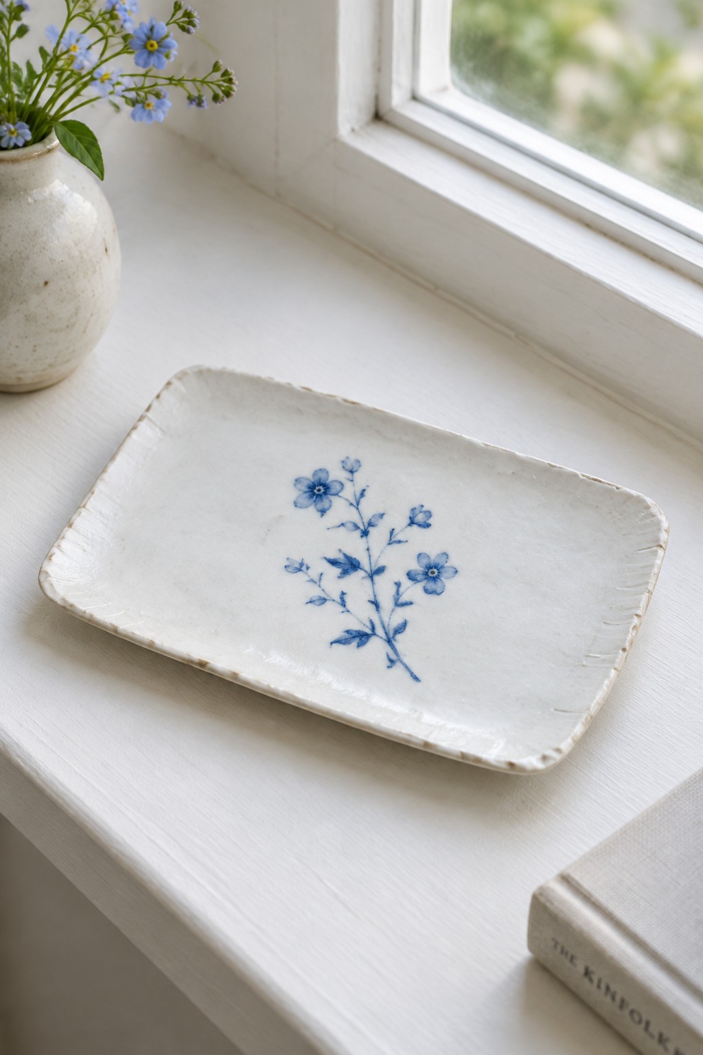 White ceramic tray with blue floral design on windowsill beside vase
