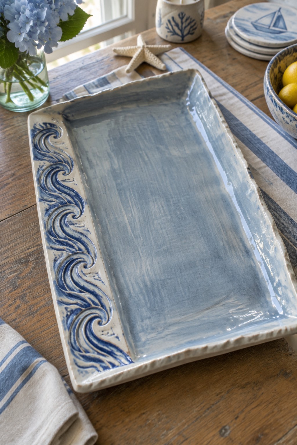 Blue ceramic tray with wave design on wooden table beside starfish and flowers