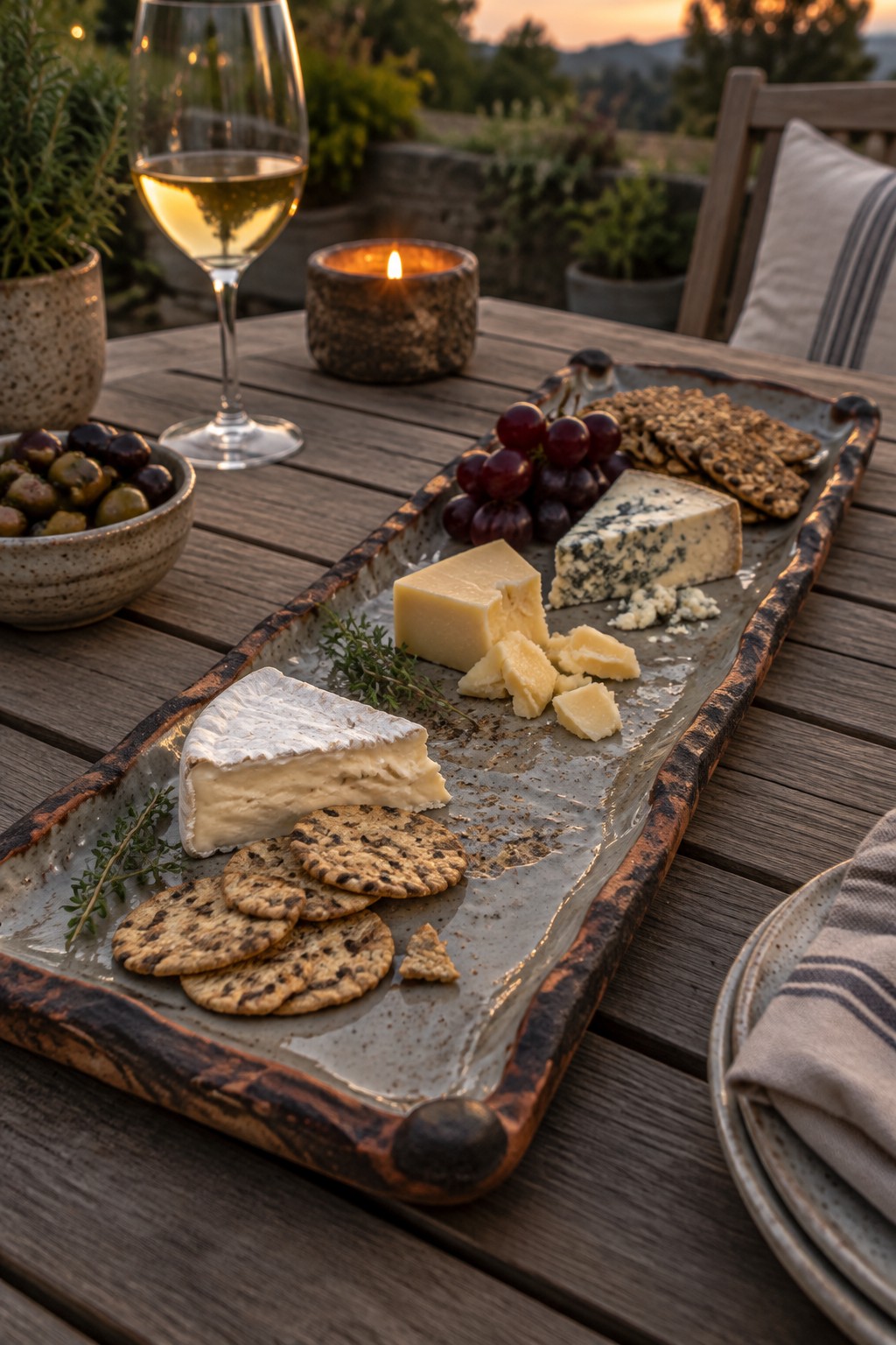 Cheese board with brie, blue cheese, crackers, grapes, olives, wine glass, and candle at dusk