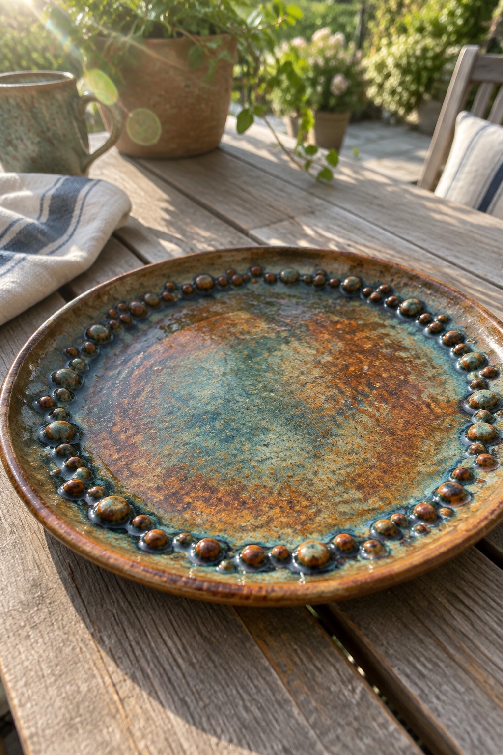 Rustic ceramic plate with turquoise-brown glaze and beaded rim on wooden garden table