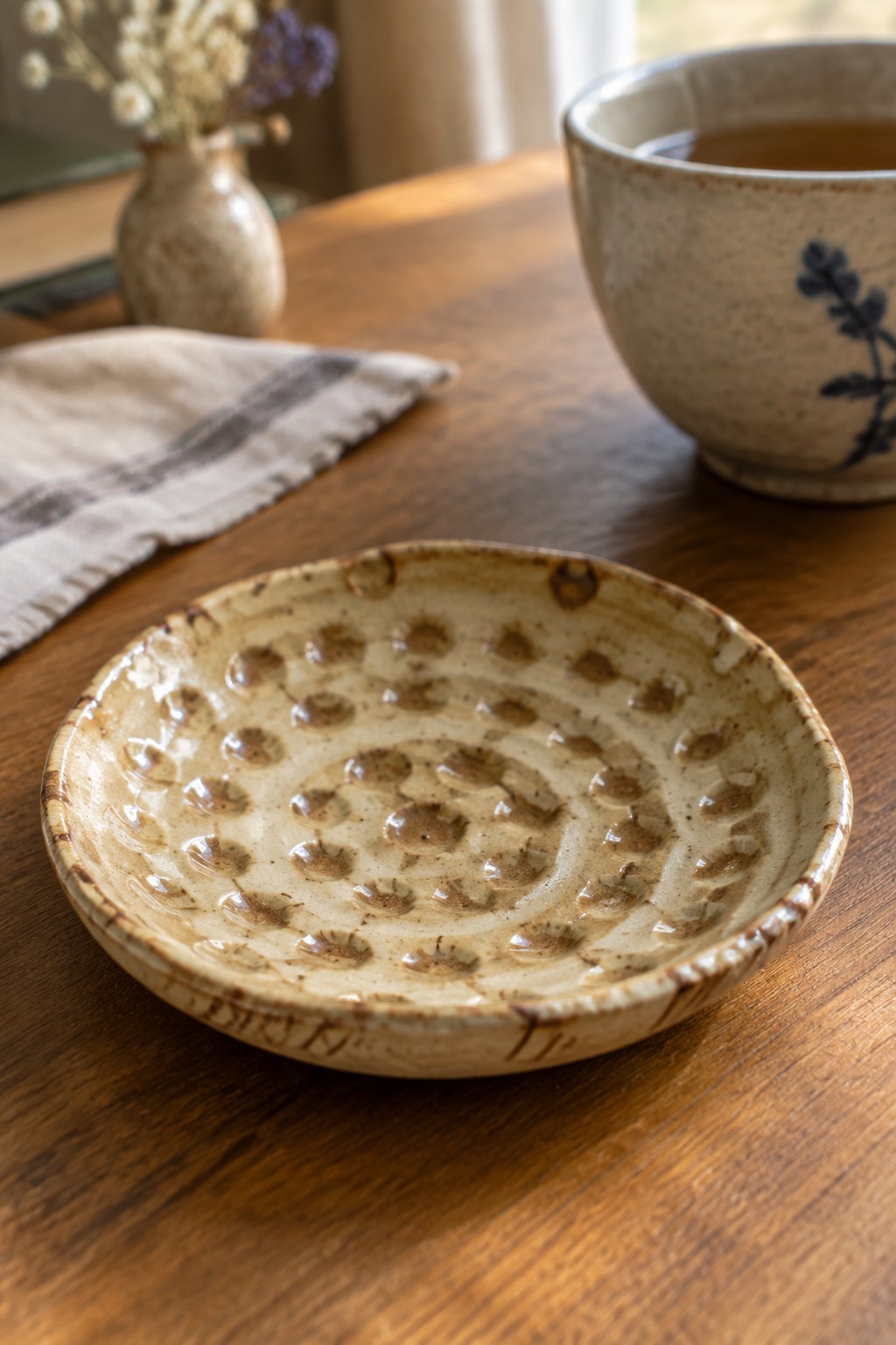 Dimpled ceramic plate beside speckled cup with blue leaf on wooden table