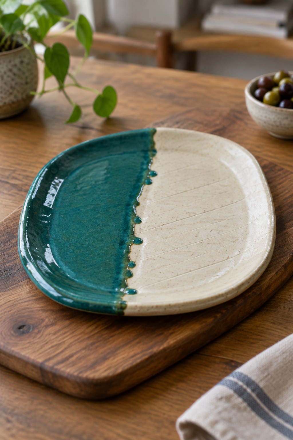 Two-toned teal and beige ceramic plate on rustic wooden board with olives nearby