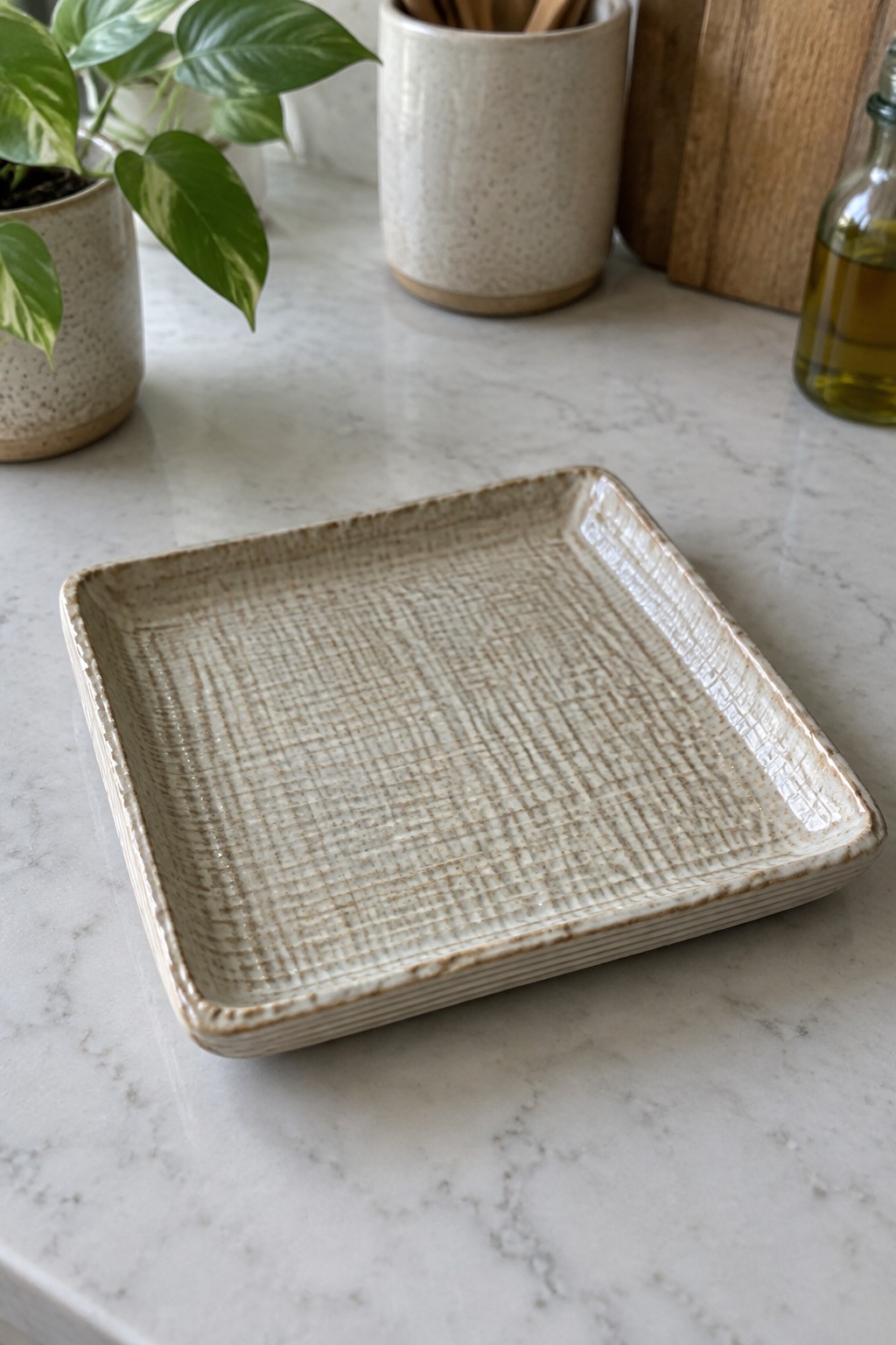 Square beige ceramic dish with grid texture on marble kitchen counter