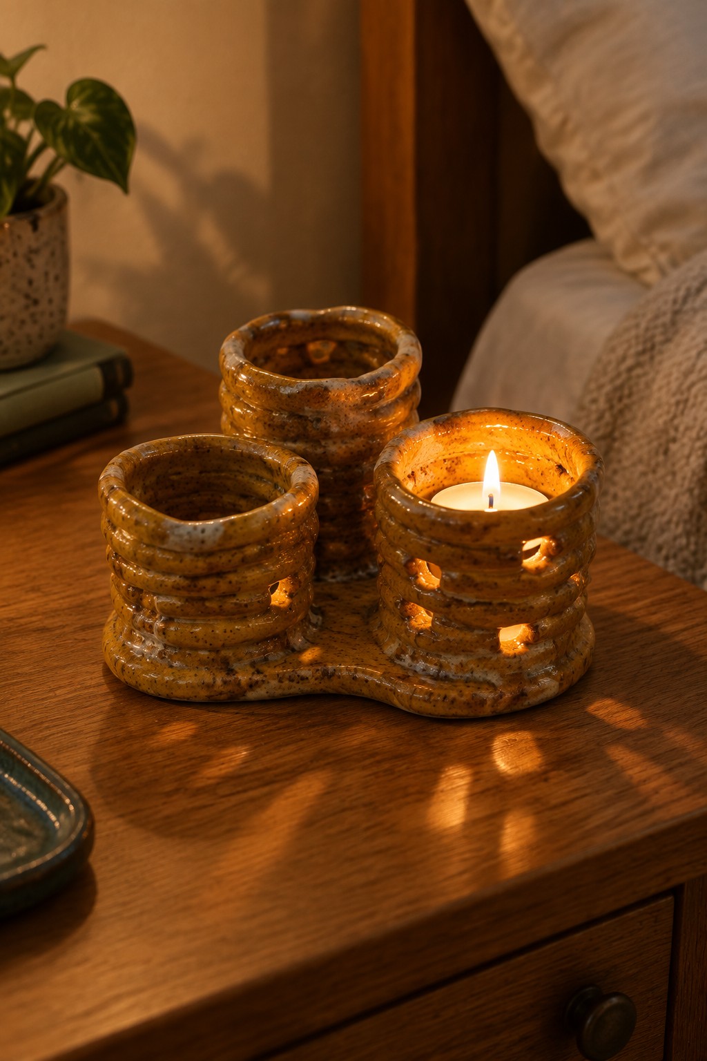 Three speckled brown ceramic candle holders on wooden table, one lit candle