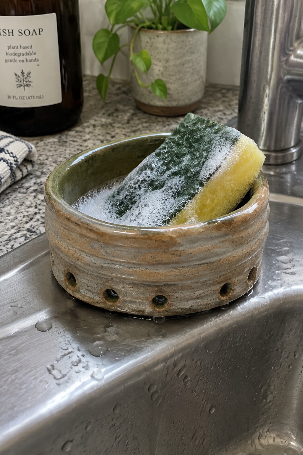 Soapy yellow-green sponge in a ceramic bowl atop a wet stainless sink.