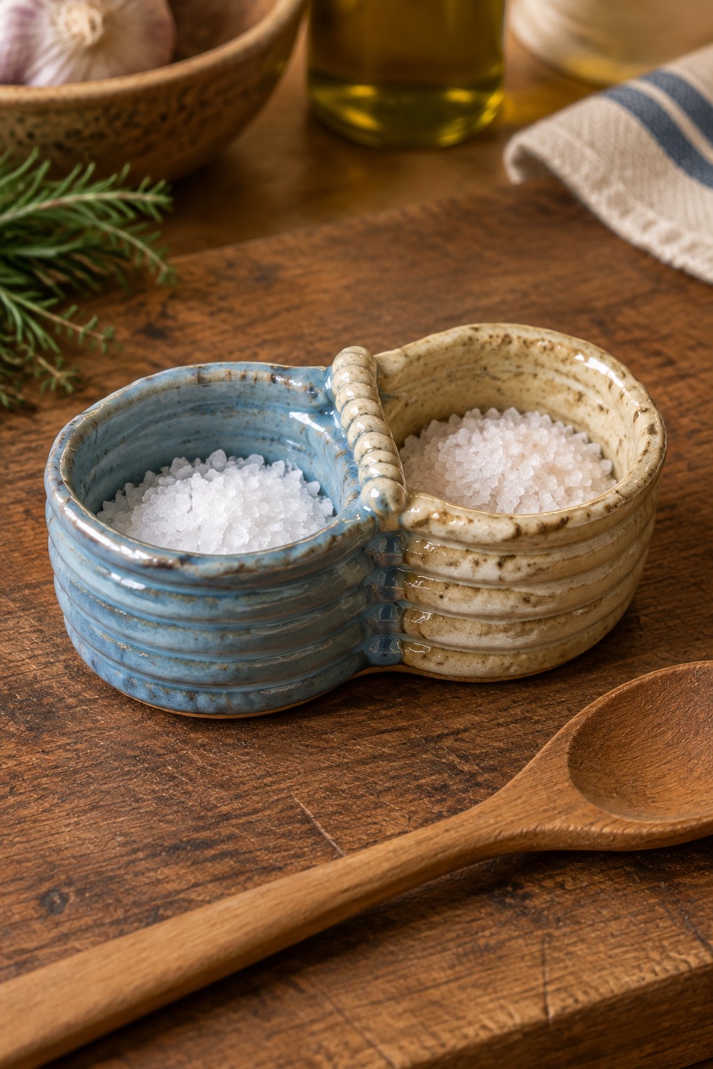 Blue and beige ceramic double salt bowl with wooden spoon on rustic table