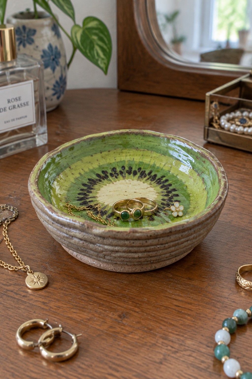 Kiwi-patterned ceramic bowl holding gold rings amid scattered jewelry on wooden table