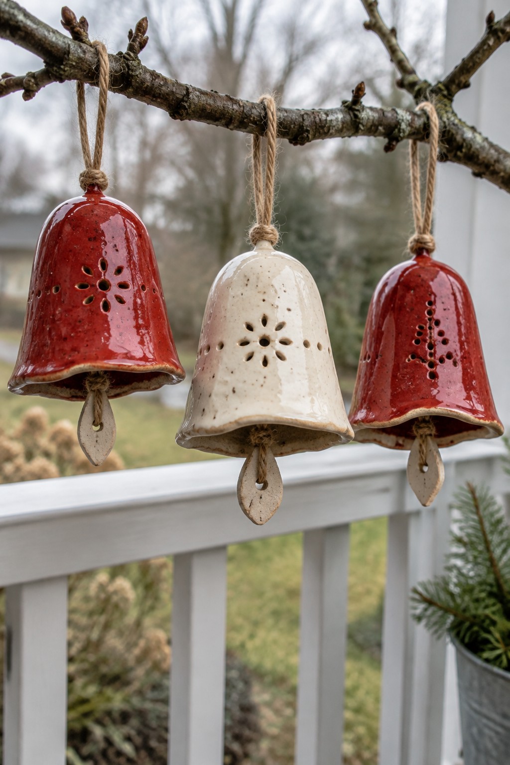 Three red and white ceramic bells with cutout designs hanging from a branch.