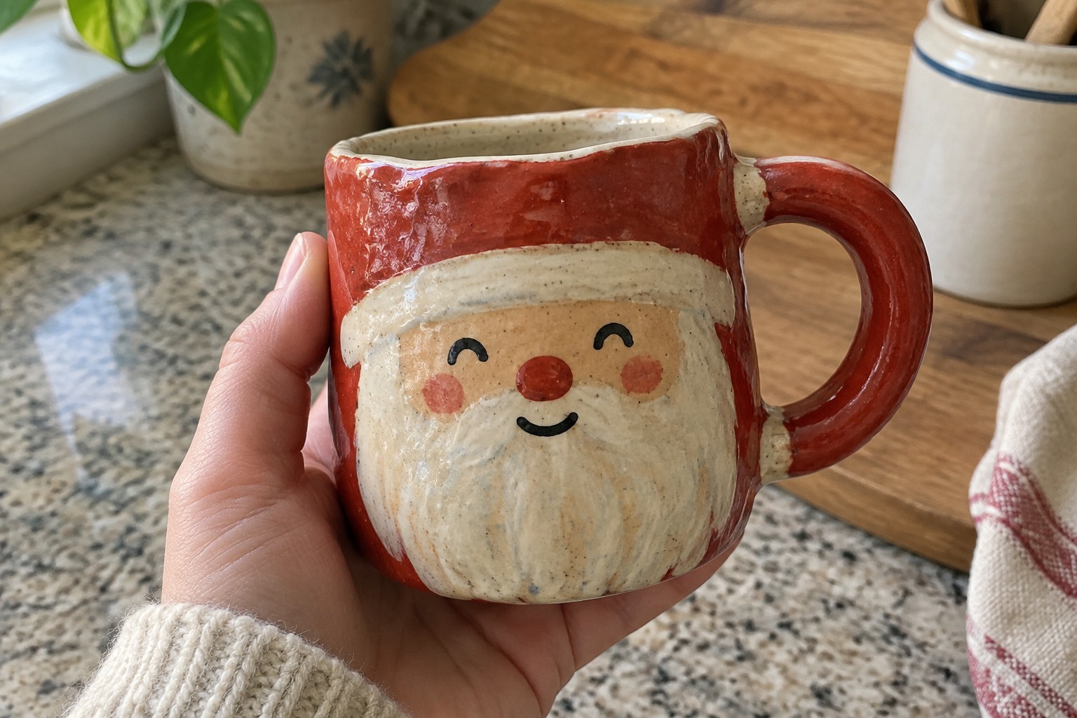 Hand in beige knit sweater holding red-and-white Santa Claus ceramic mug