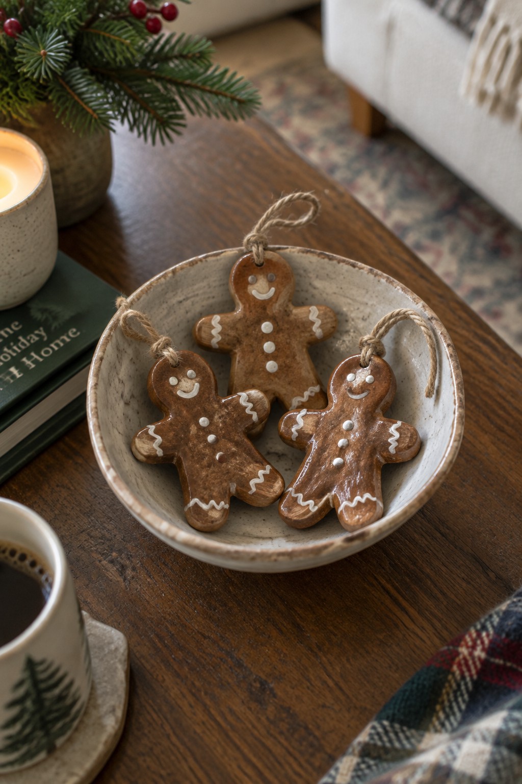 Three gingerbread man ornaments in a rustic bowl on wooden table with candle and coffee