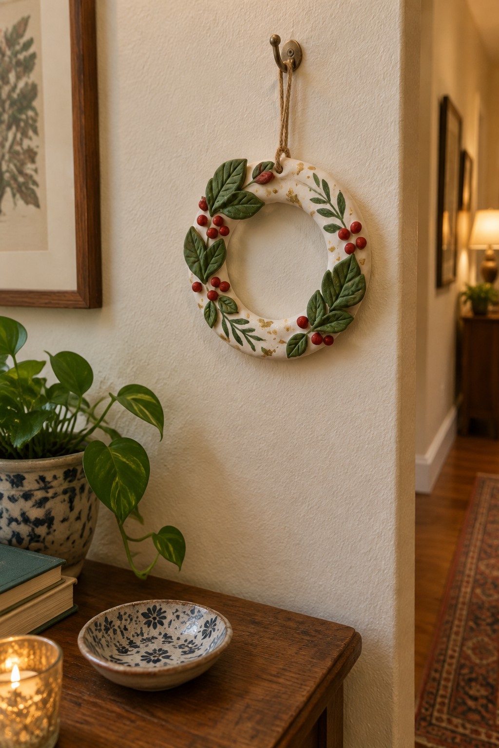 Ceramic wreath with green leaves, red berries, and gold accents above wooden table