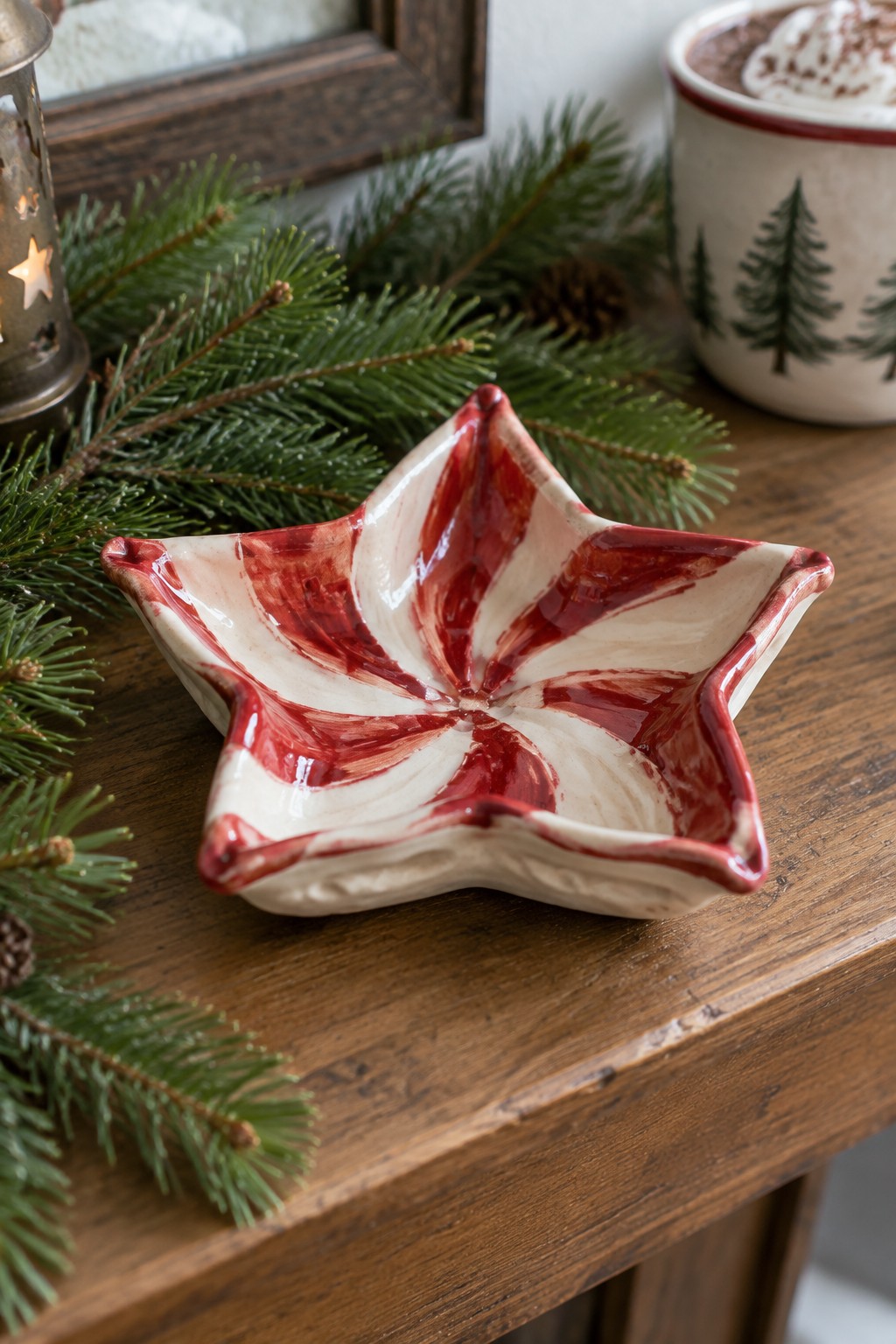 Star-shaped red and white ceramic bowl amid pine branches on wood table