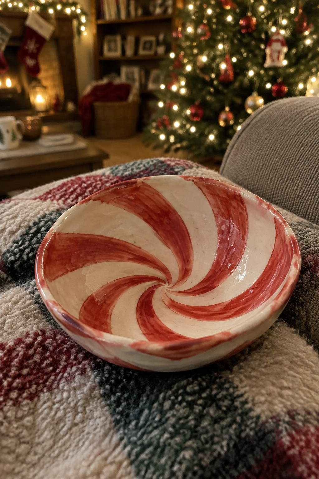 Red and white swirled bowl on knitted Christmas blanket with lit tree behind