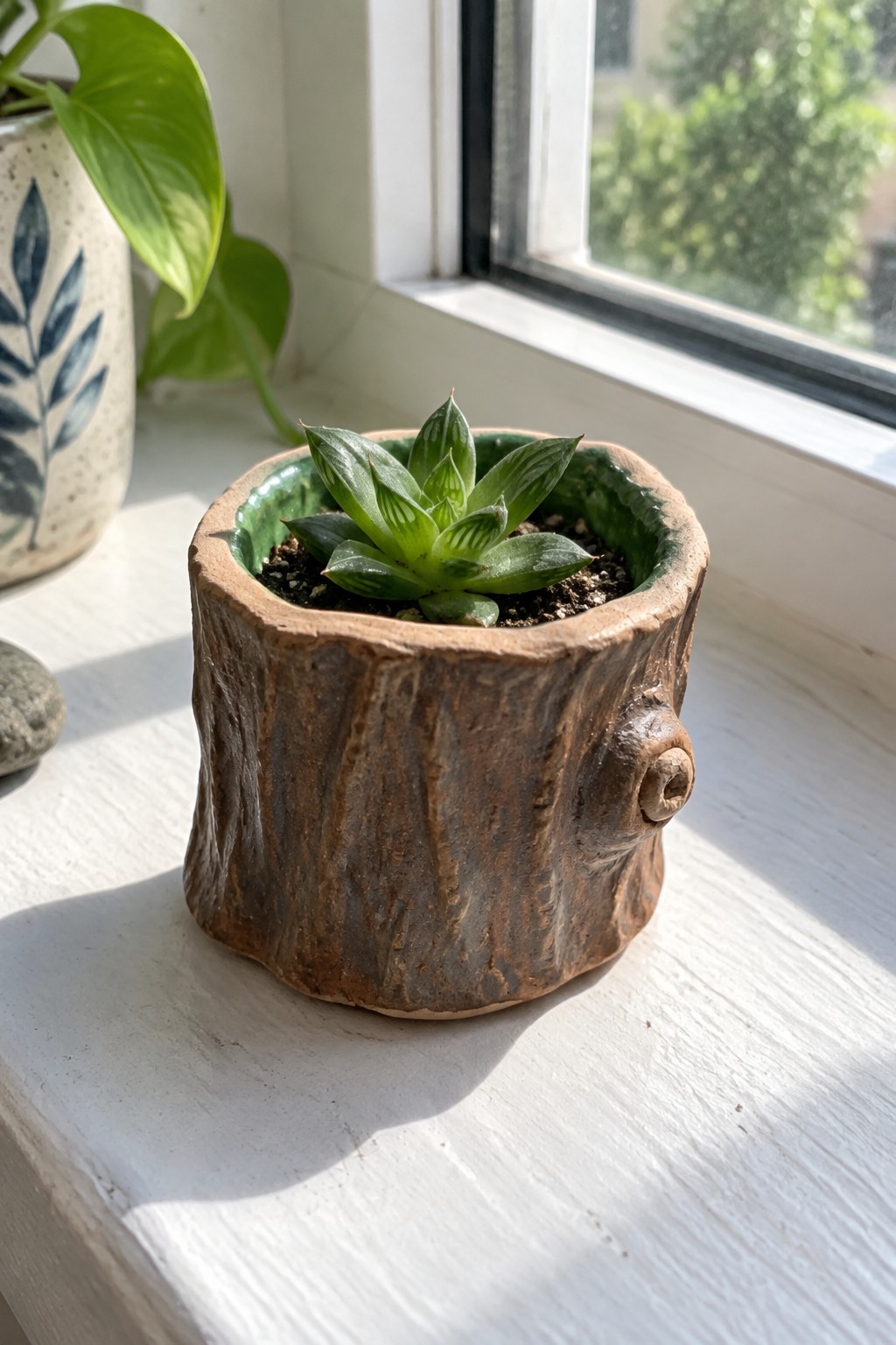 Succulent in rustic tree-stump pot on sunny white windowsill with green leaves