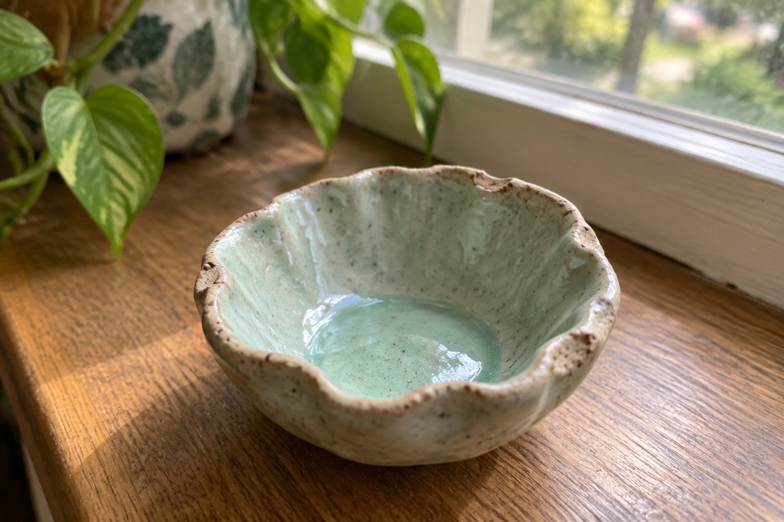A small ceramic bowl with a scalloped rim and light green speckled glaze sits on a wooden surface.