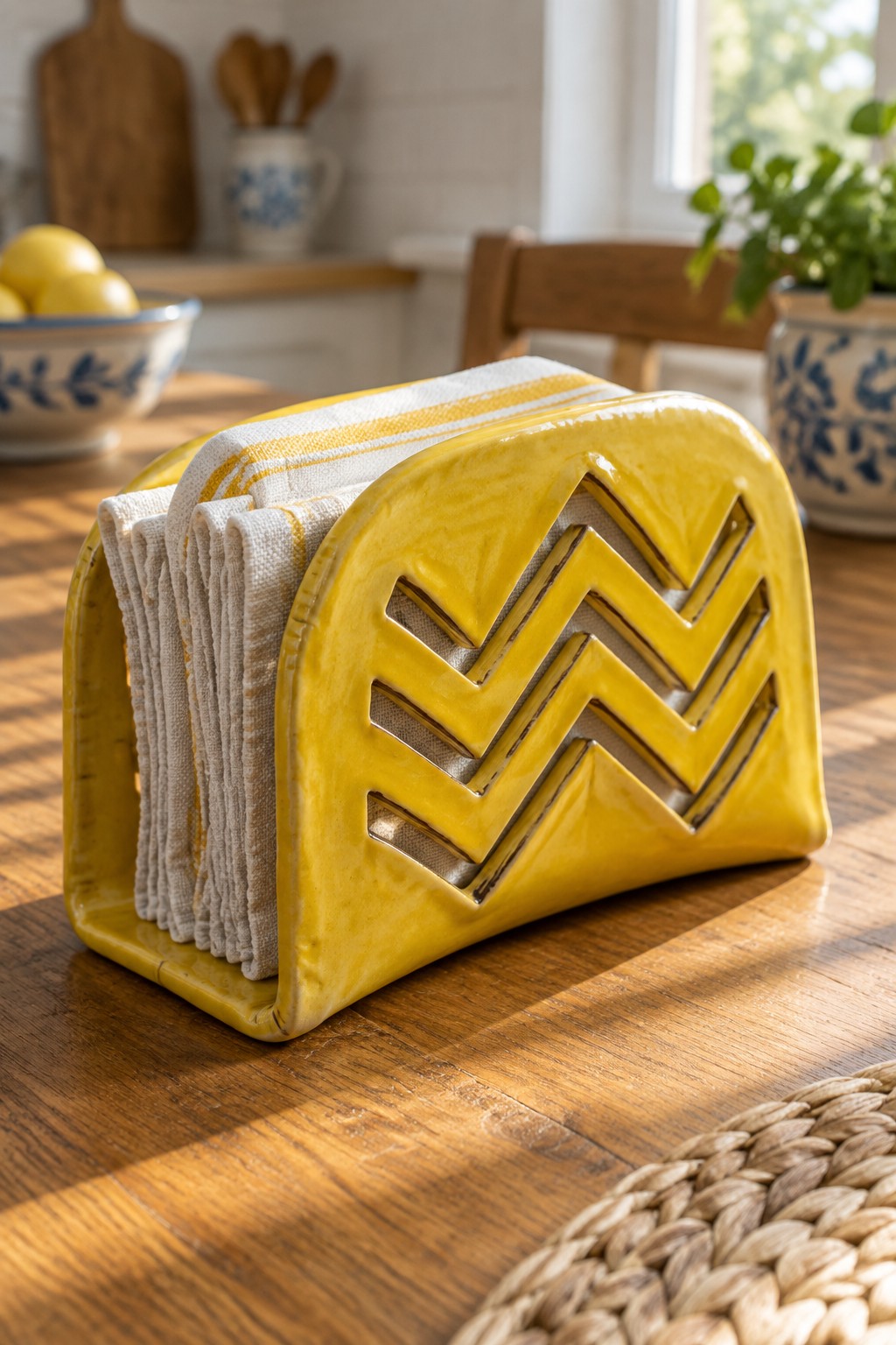 Yellow ceramic napkin holder with zigzag cutouts holding striped linens on wooden table