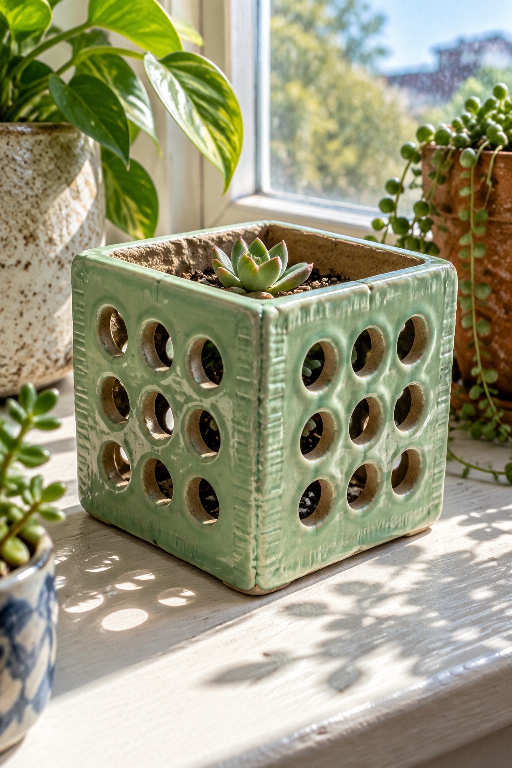 Mint green square ceramic planter with holes holding succulent on sunny windowsill