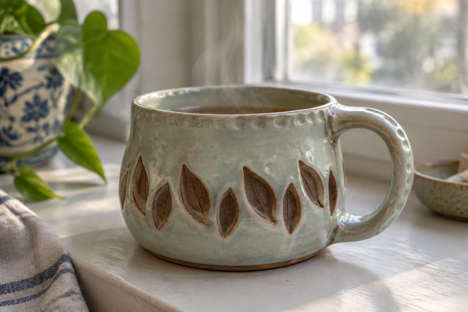 Sage green ceramic mug with leaf cutouts holding steaming tea on windowsill.