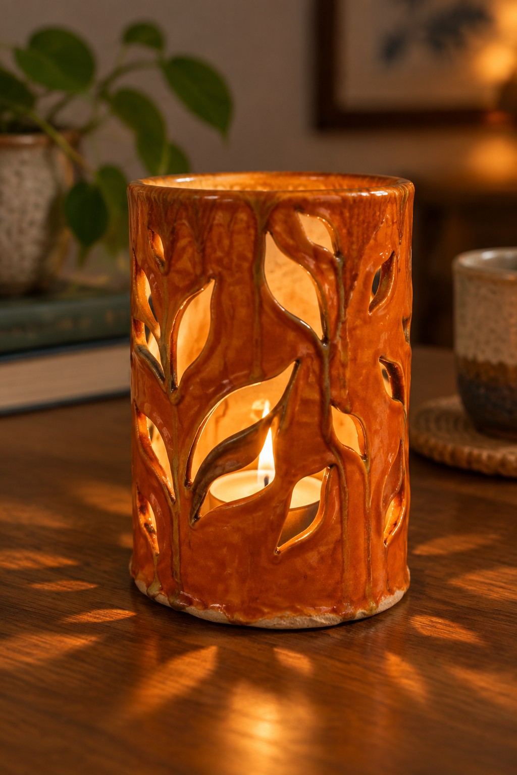 Lit candle glowing inside orange ceramic leaf-cutout lantern on wooden table.