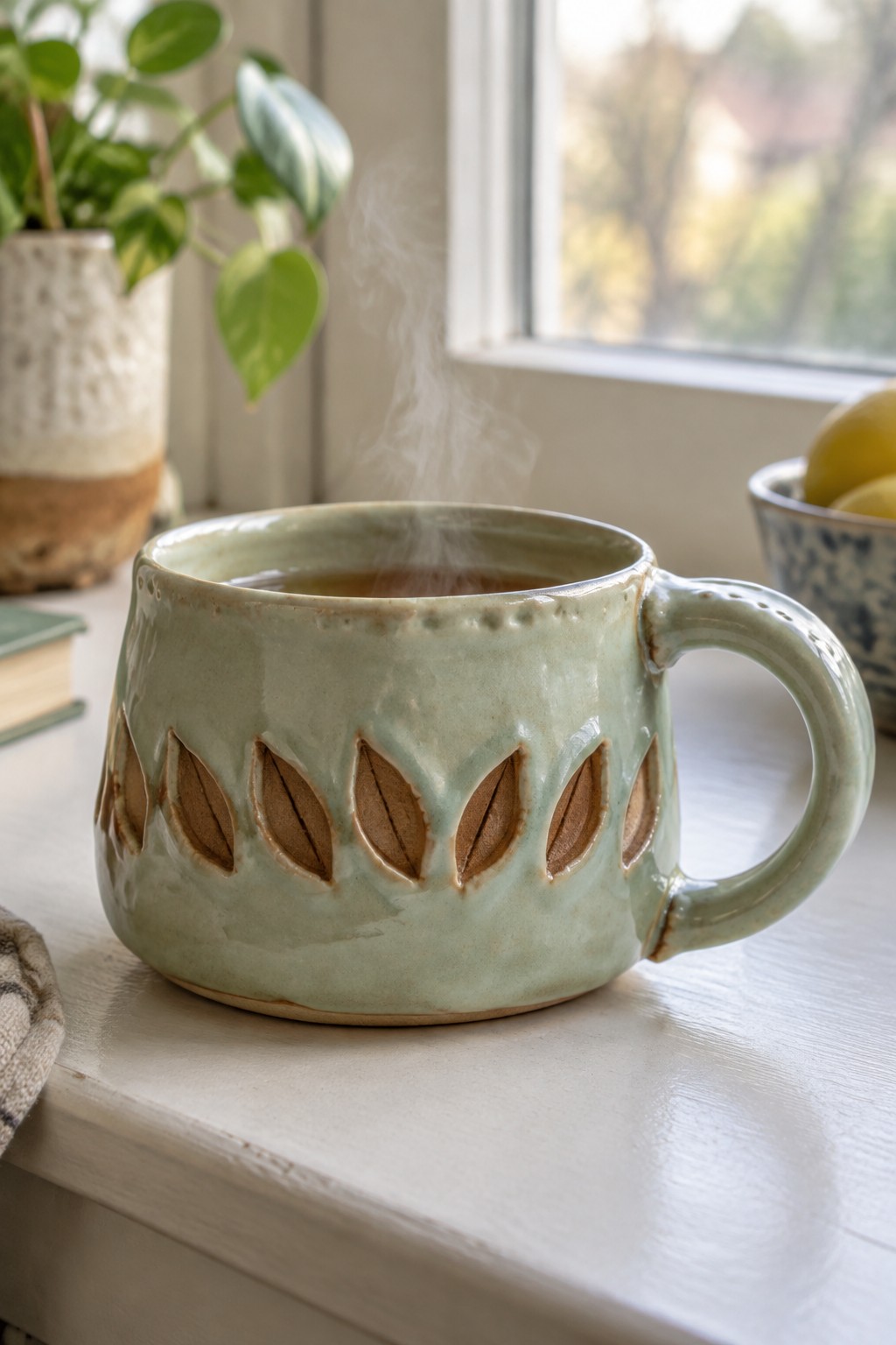 Sage green ceramic mug with leaf cutouts holding steaming tea on windowsill.