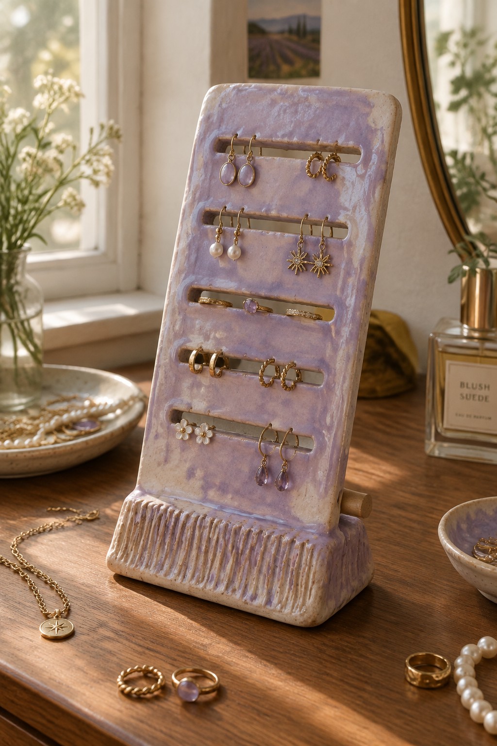 Purple ceramic stand displaying gold earrings on wooden table with scattered jewelry