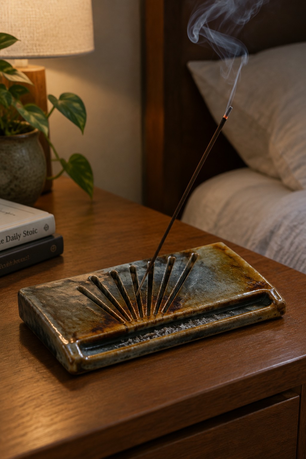 Burning incense stick in sunburst ceramic holder on wooden nightstand with rising smoke
