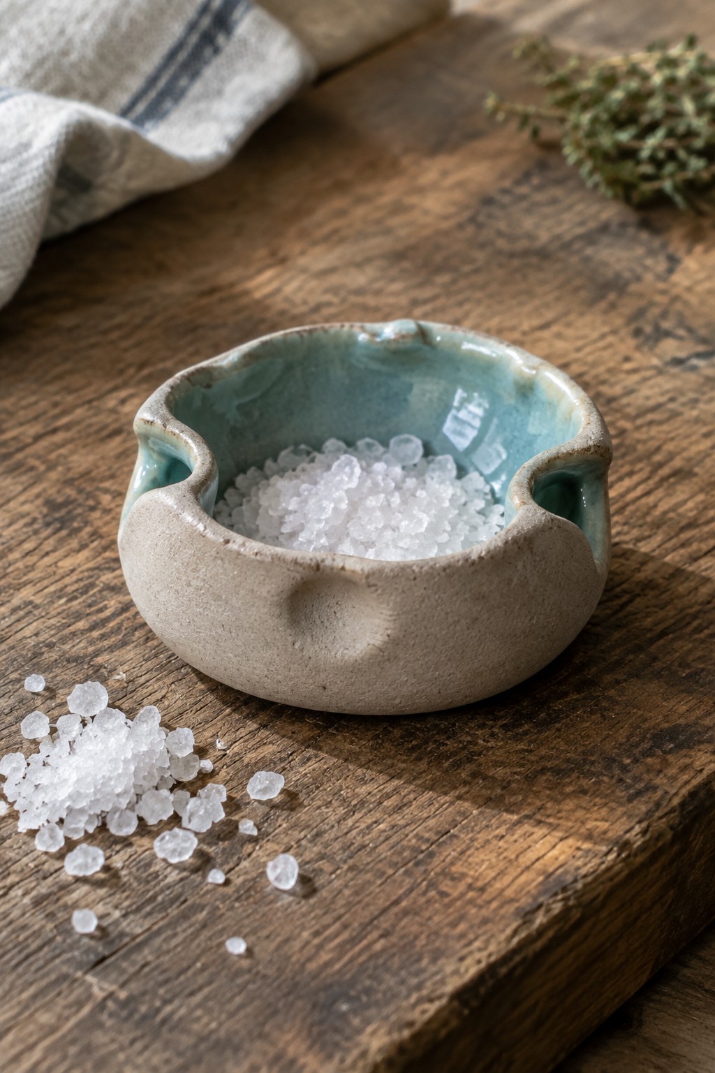 Handmade ceramic bowl with turquoise glaze holds white salt on rustic wood