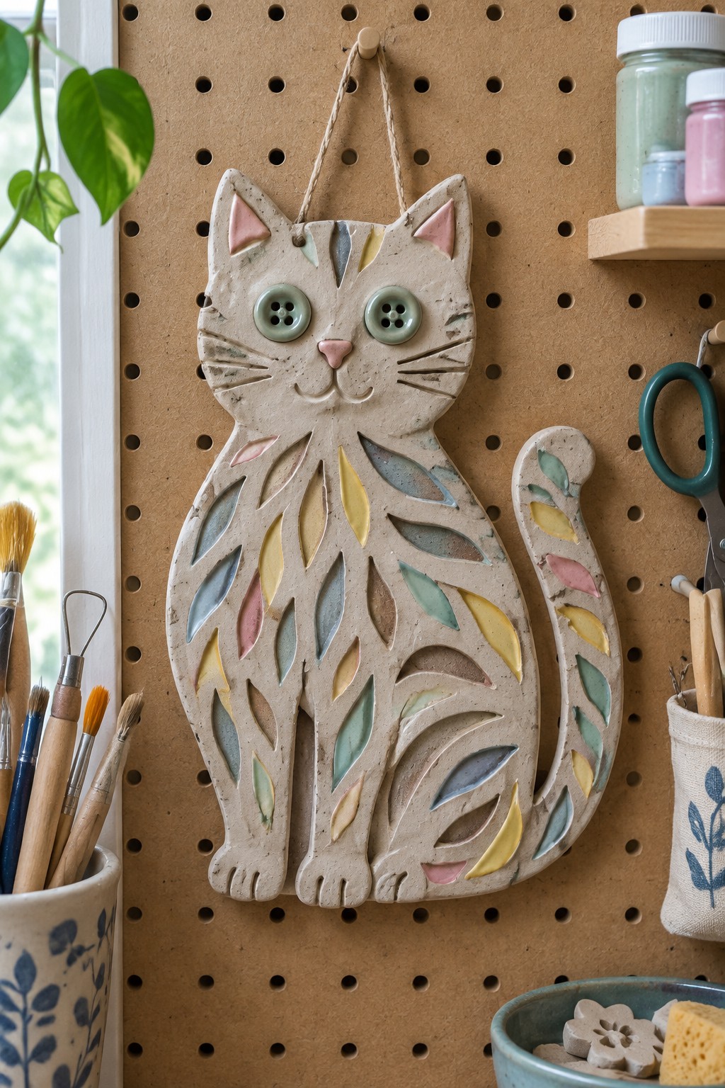 Ceramic cat with colorful leaf inlays hanging on pegboard amid art supplies.