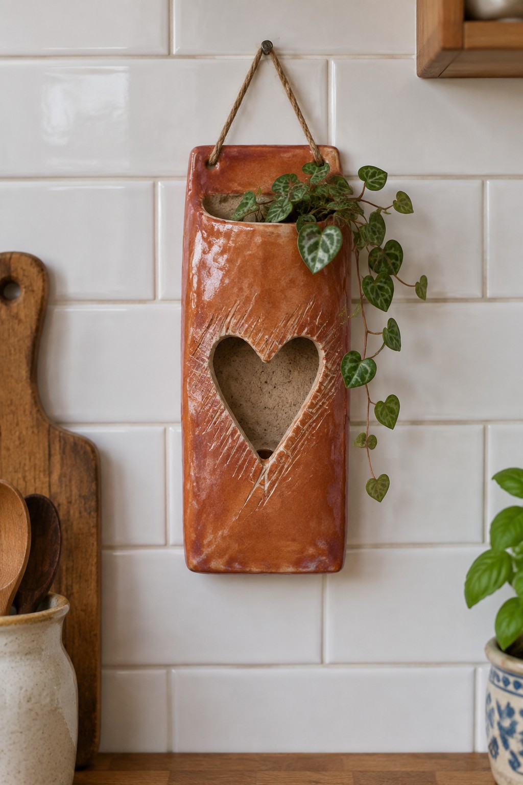Terracotta wall planter with heart cutout and trailing green plant on white tiles