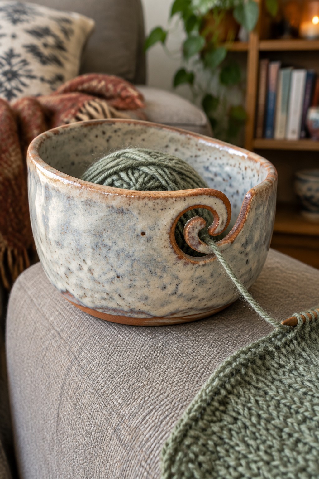 Speckled ceramic yarn bowl with green yarn and knitting on gray couch