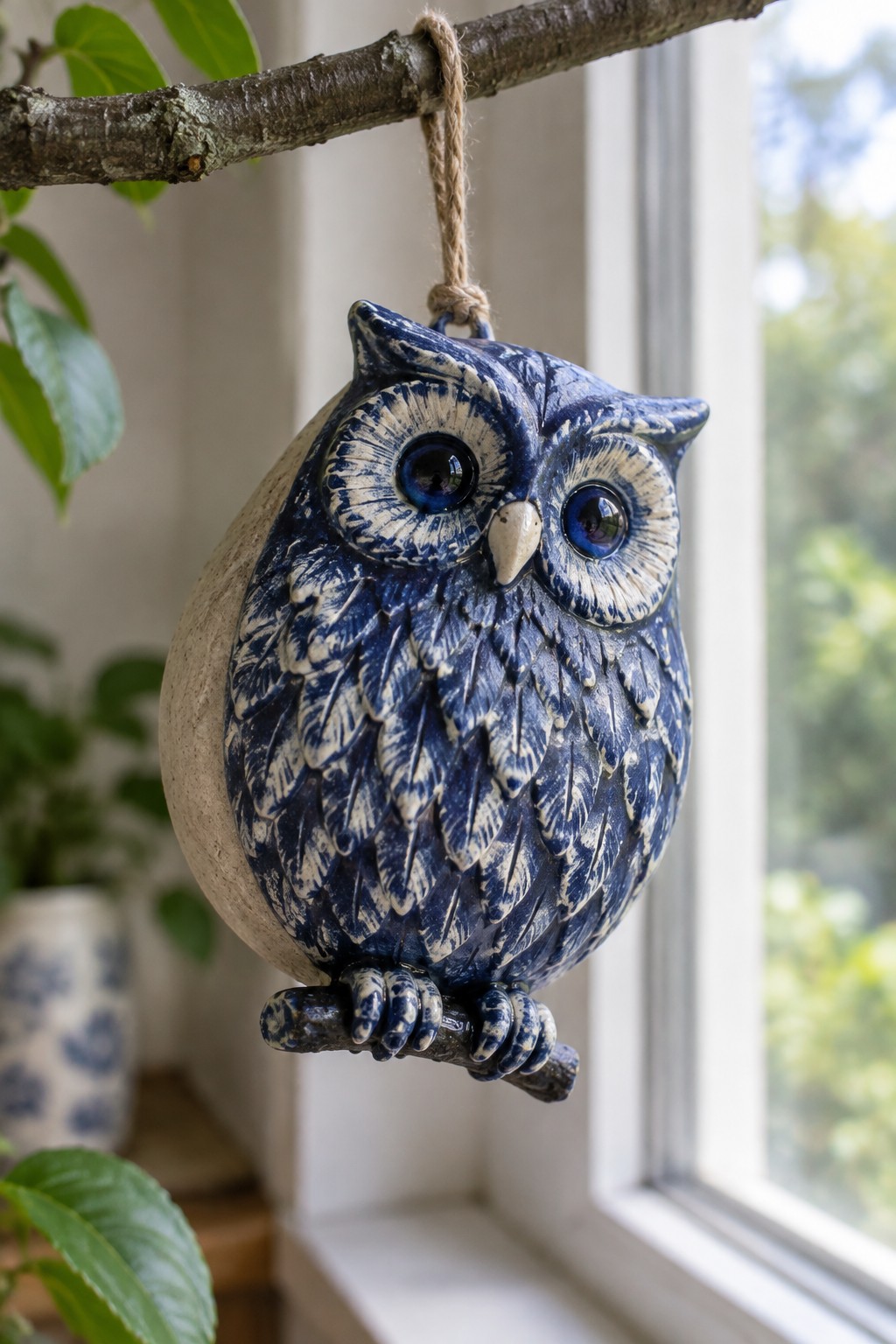 Blue and white ceramic owl hanging from branch clutching small twig
