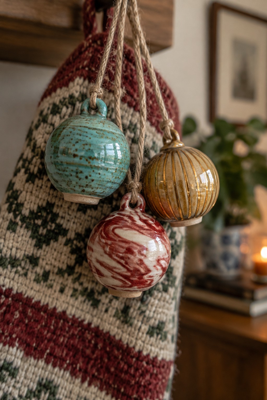 Three ceramic baubles hanging from twine before a patterned knitted Christmas stocking.