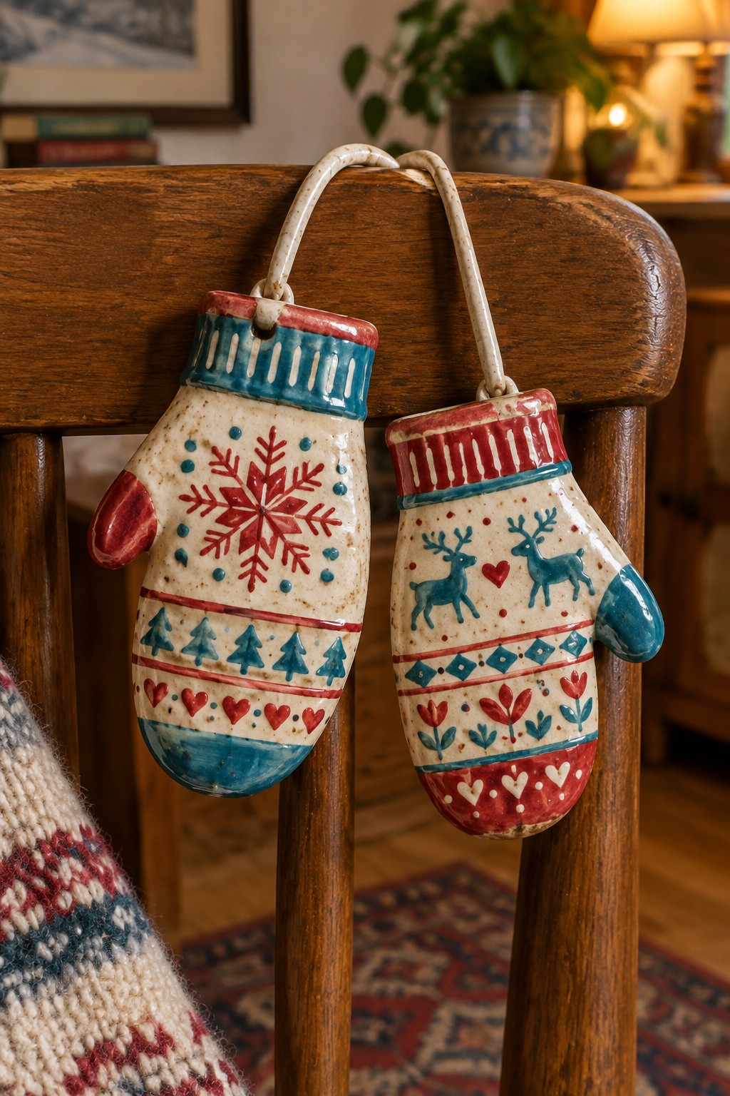 Two ceramic mitten ornaments with snowflake and reindeer designs on wooden chair