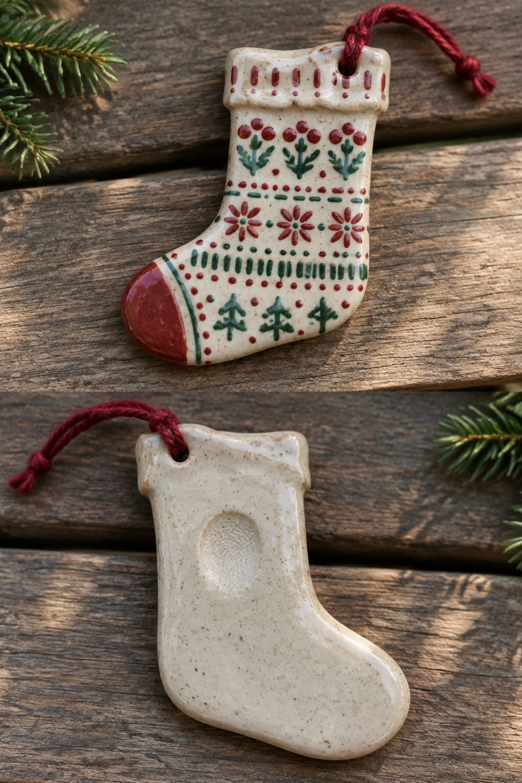 Ceramic Christmas stocking ornament front with red-green patterns and plain back with fingerprint
