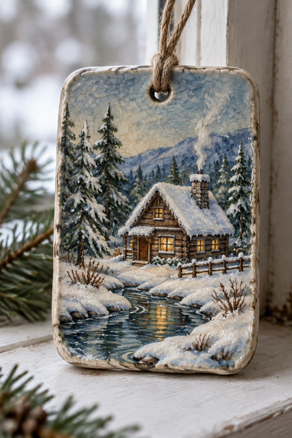 A rectangular ceramic Christmas ornament painted with a snowy log cabin scene by a stream, hanging from twine on a windowsill.