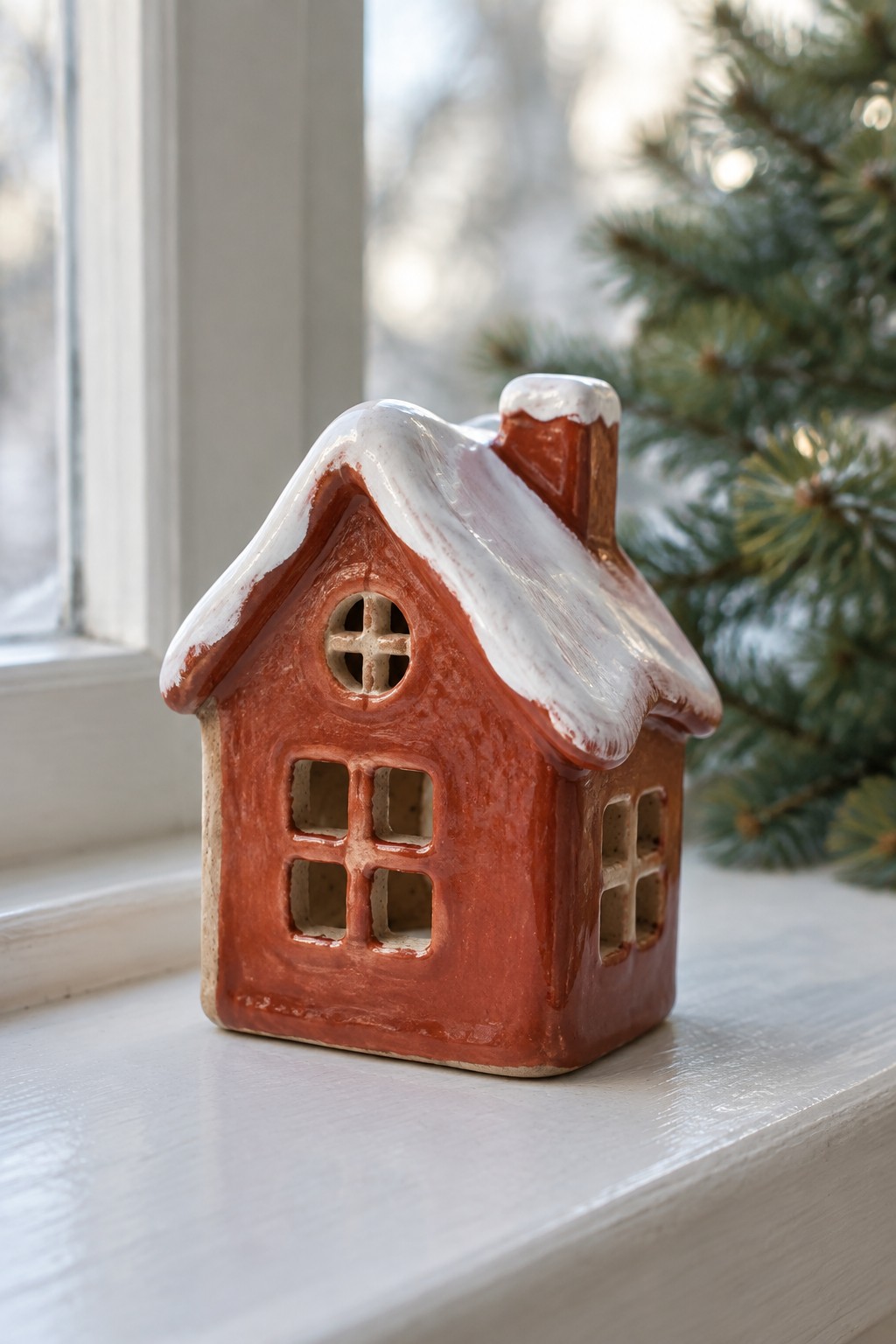 Red ceramic house with snow-covered roof and cutout windows on windowsill near tree