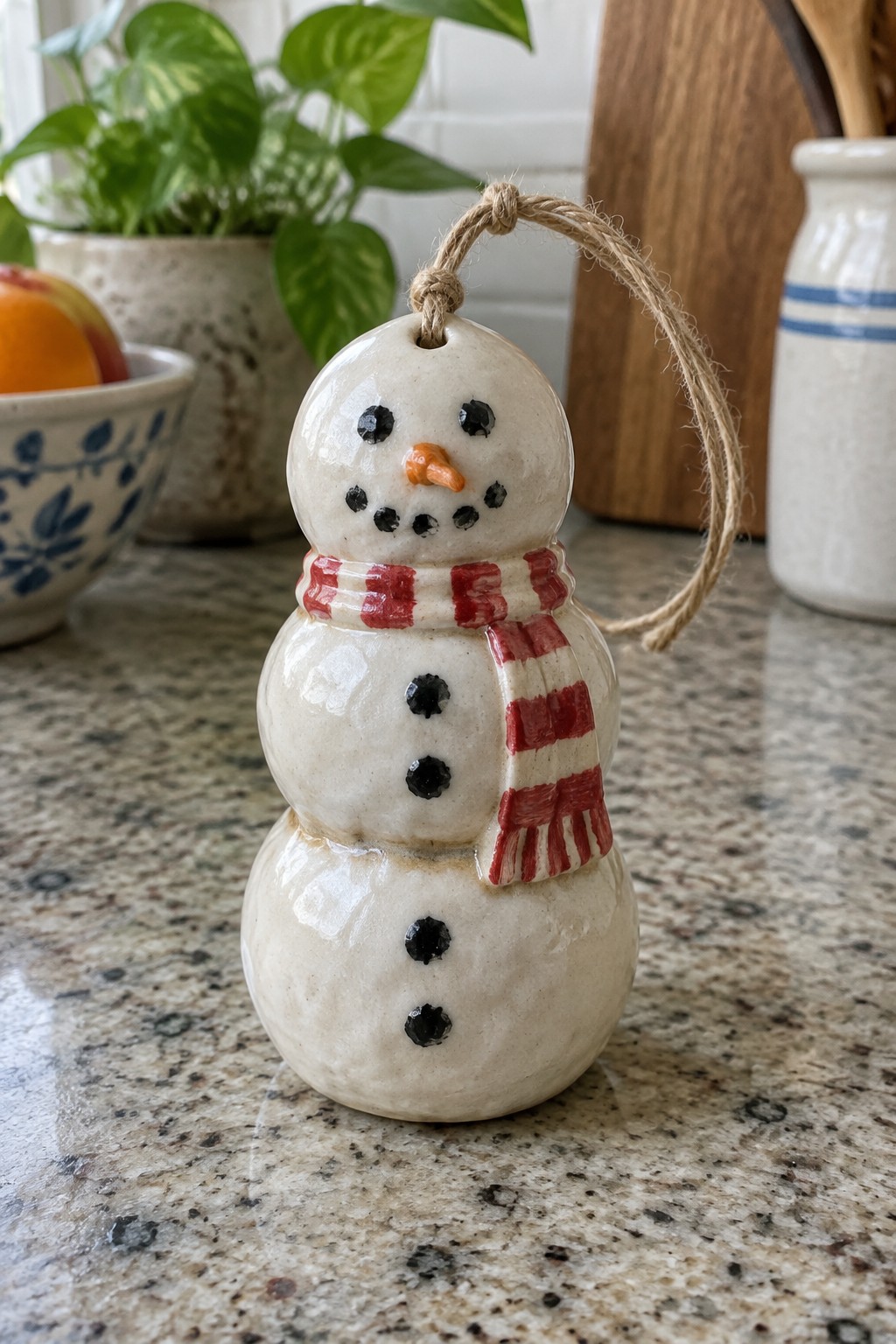 Ceramic snowman ornament with red checkered scarf on granite kitchen countertop