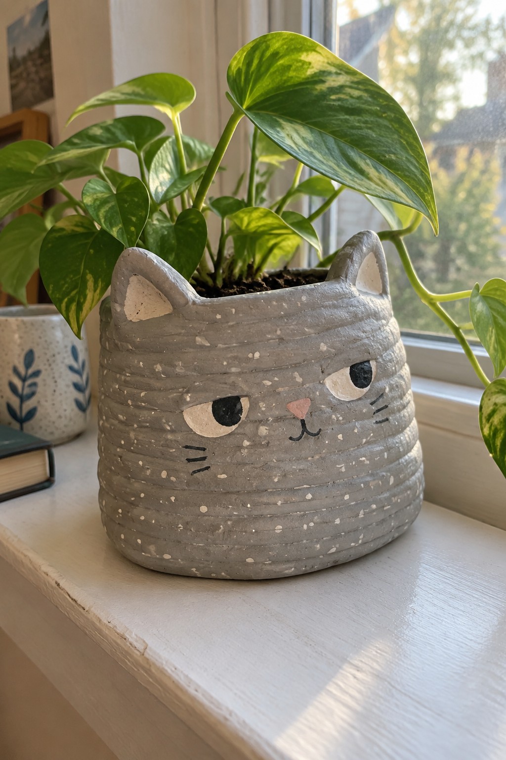 A gray clay cat head planter with coiled texture and painted face holds a green leafy plant on a white windowsill.