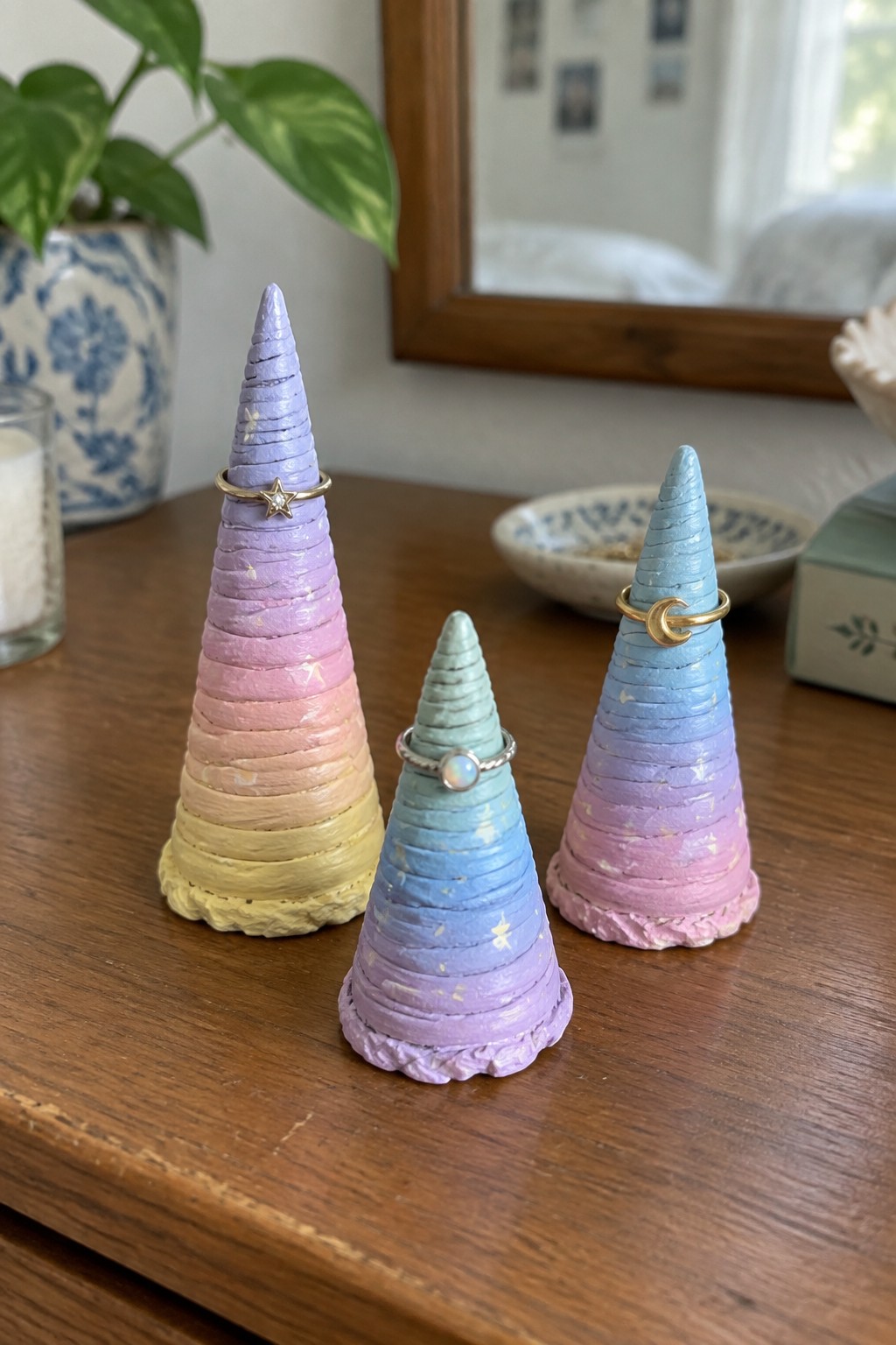 Three pastel ombre cone ring holders with gold stars on wooden table