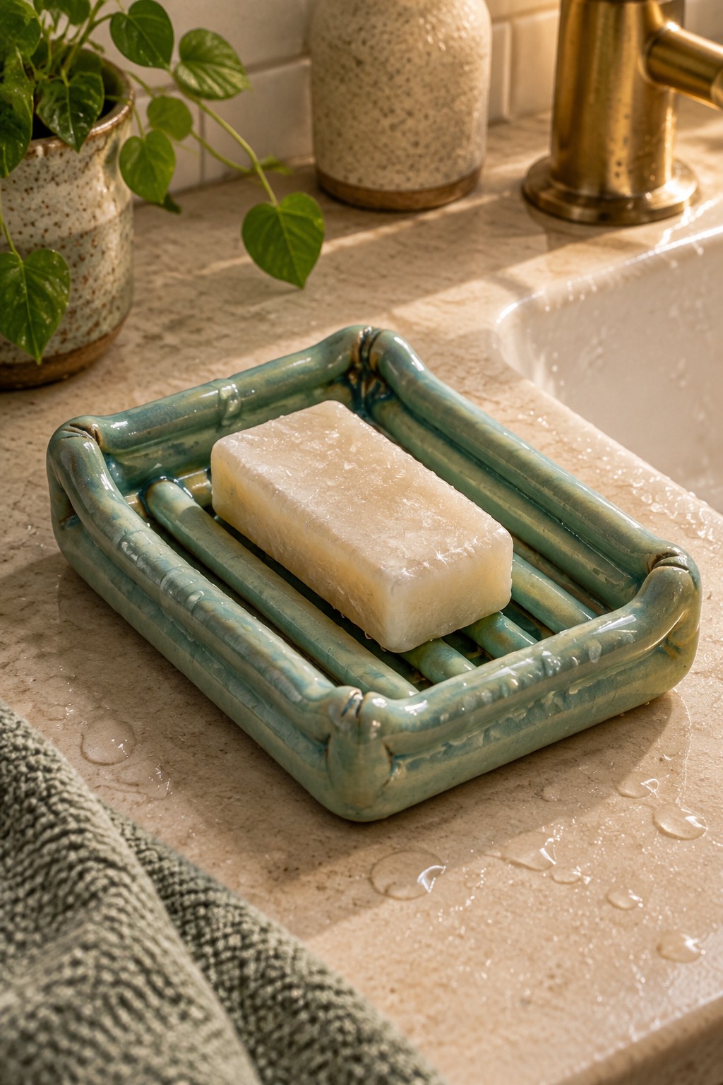 Teal bamboo-style ceramic soap dish with pale bar on wet marble counter.