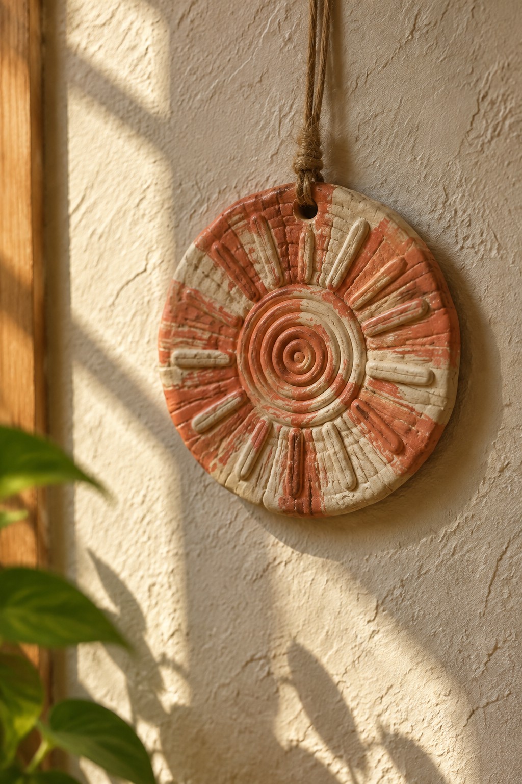 Rustic terracotta and cream sunburst ceramic ornament hanging on textured wall by twine