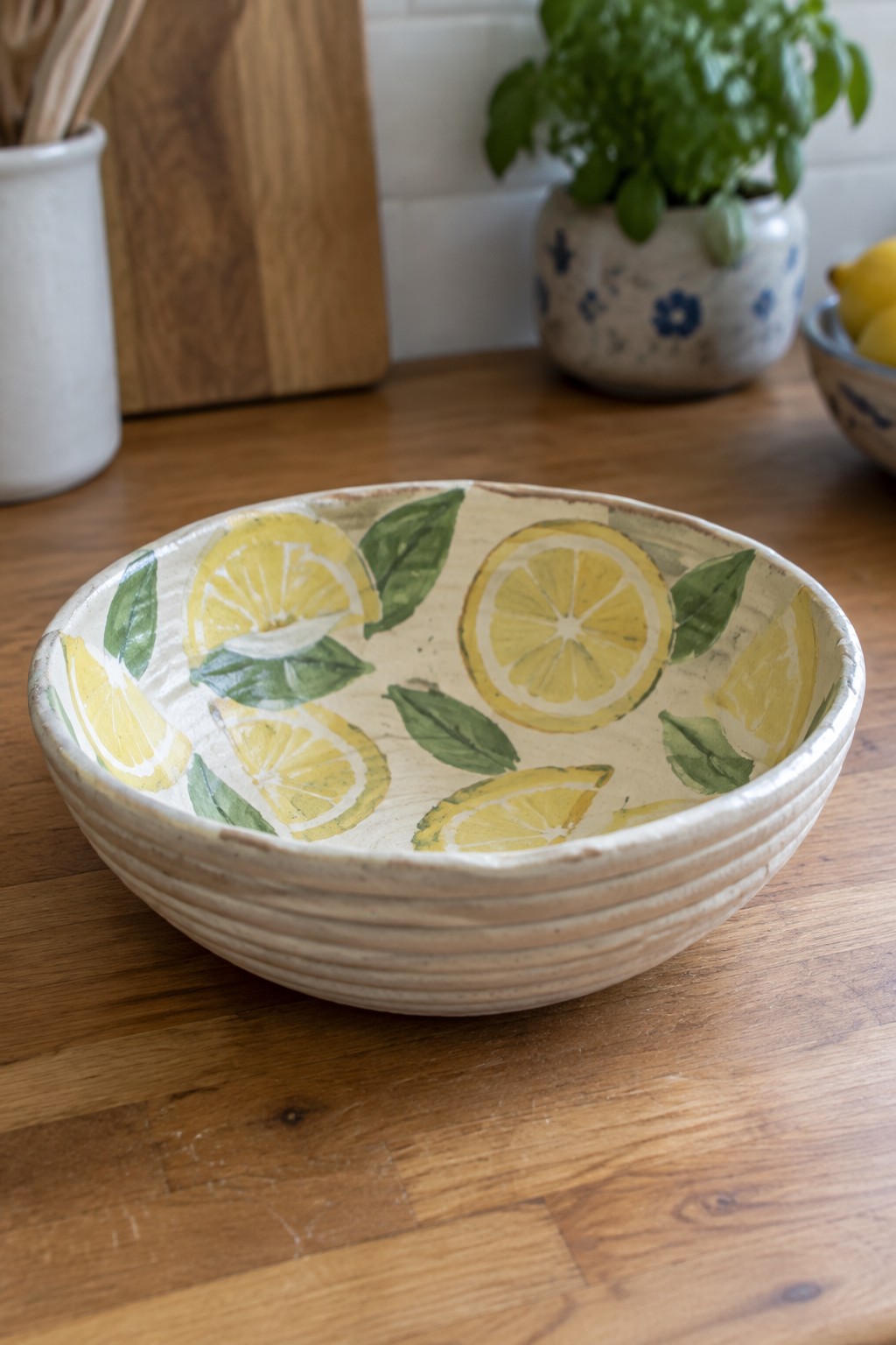 Ceramic bowl with yellow lemon slices and green leaves on wooden counter
