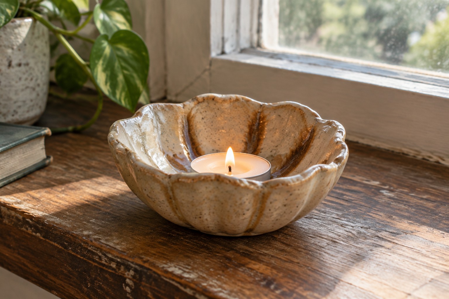Lit candle in scalloped ceramic bowl on wooden windowsill with plant and books