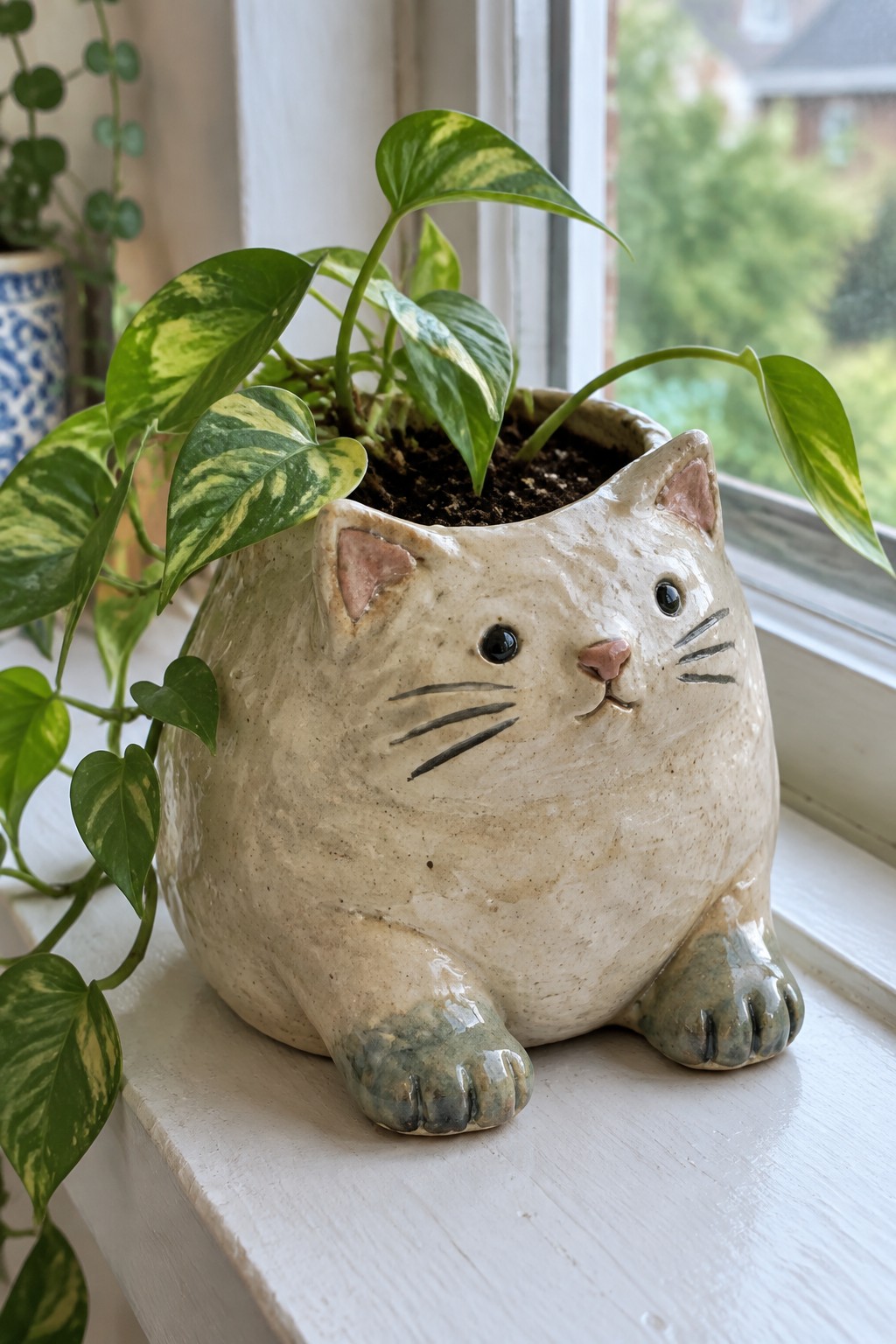 Ceramic cat-shaped planter with variegated green pothos on white windowsill