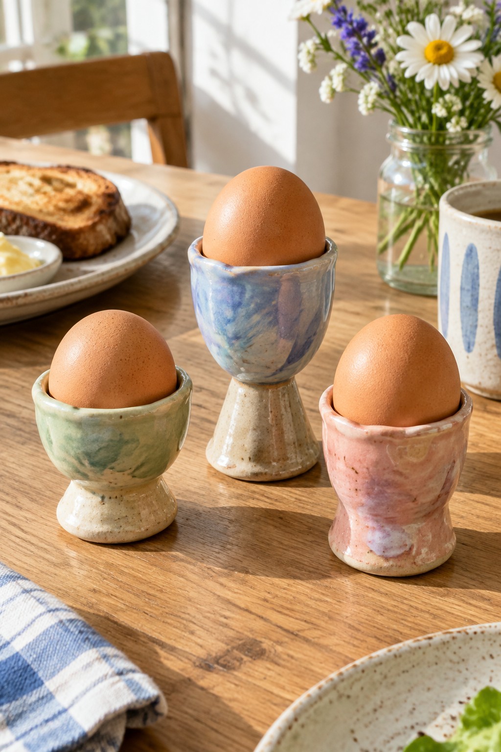Three brown eggs in green, blue, and pink ceramic cups on a wooden table.