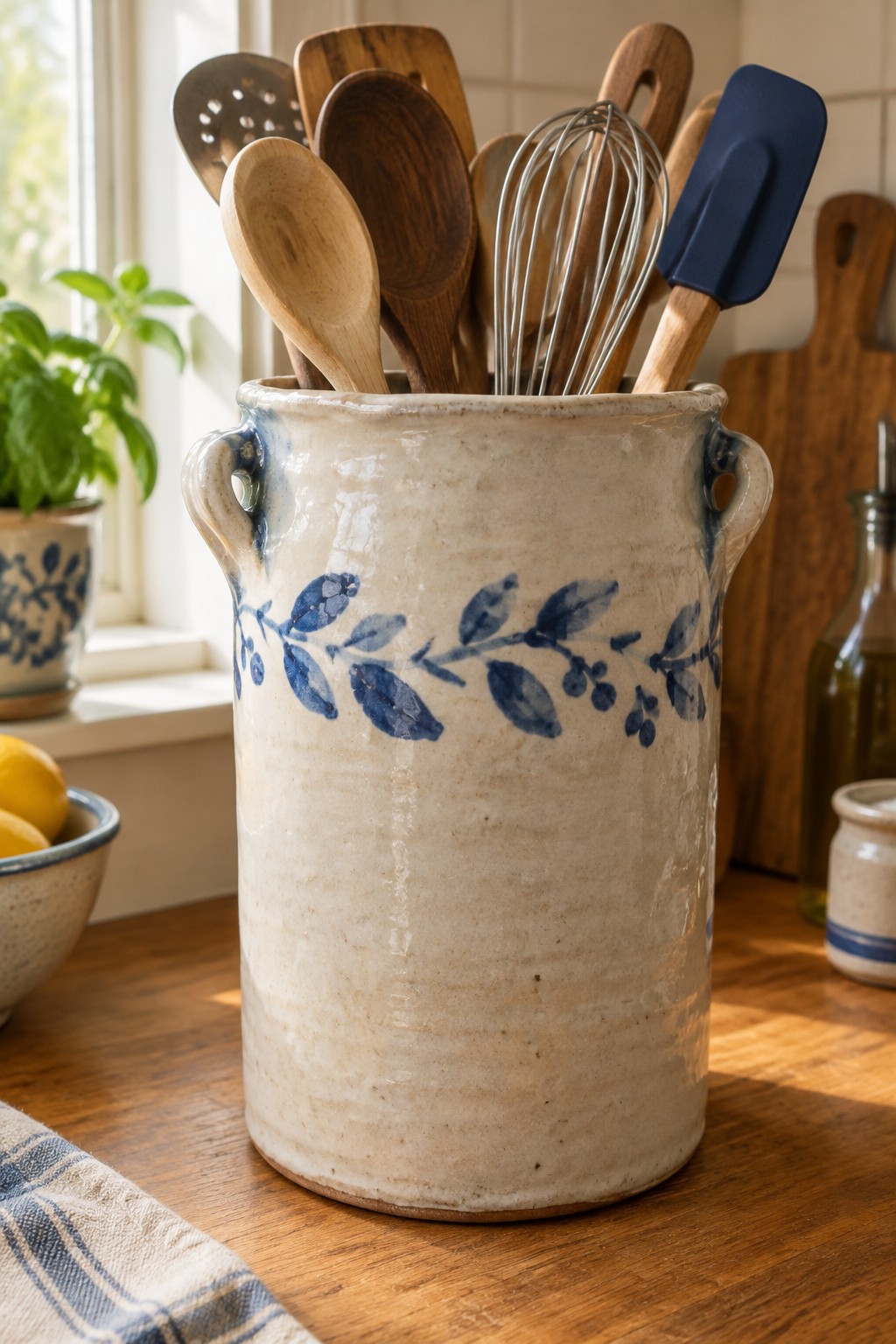 A ceramic crock with blue leaf design holding kitchen utensils on a wooden counter.