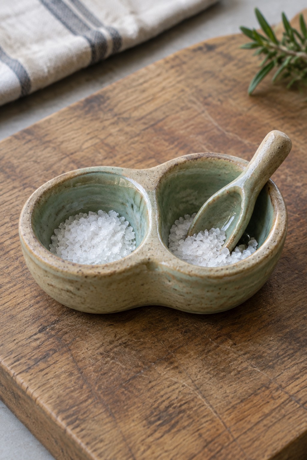 Double ceramic bowl with coarse salt and spoon on rustic wooden cutting board