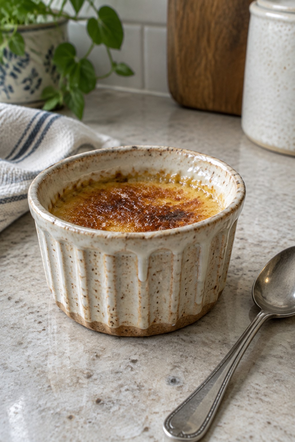 Crème brûlée in speckled ceramic ramekin beside spoon on marble countertop