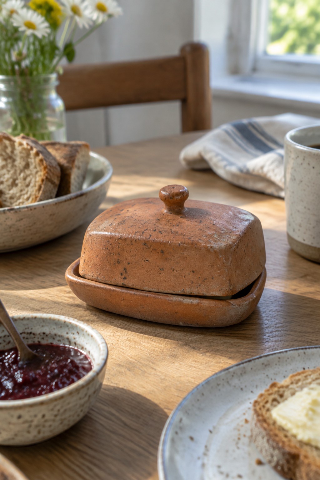 Terracotta butter dish on sunlit wooden table with bread, jam, and wildflowers