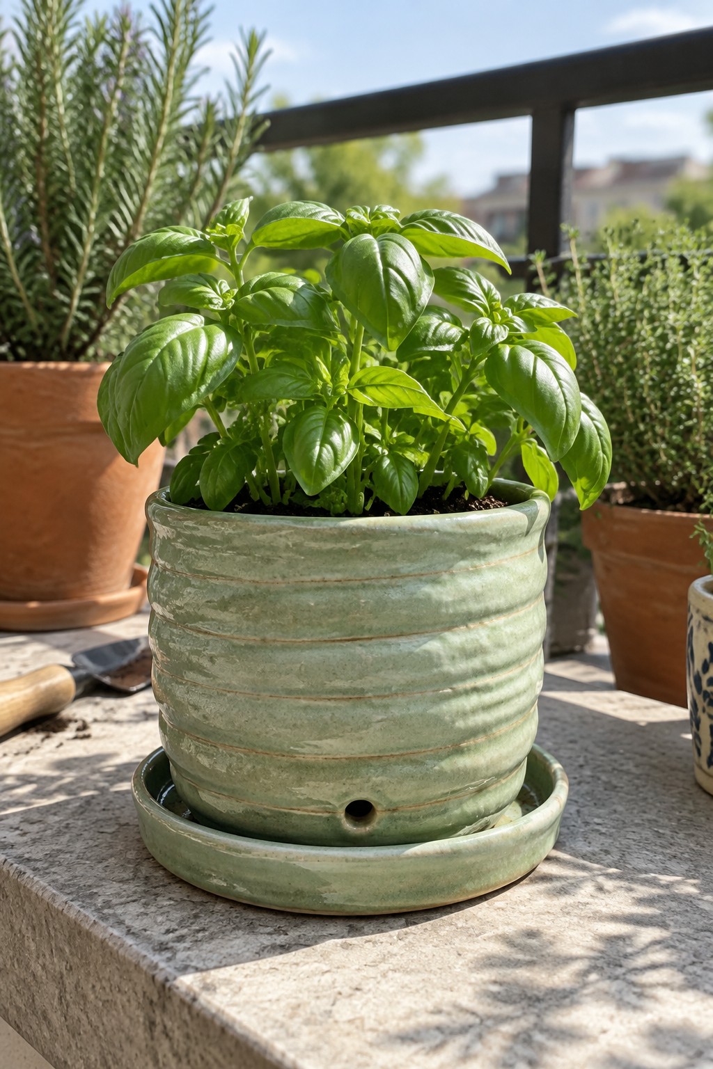 Green basil plant in ribbed ceramic pot on stone table with trowel nearby